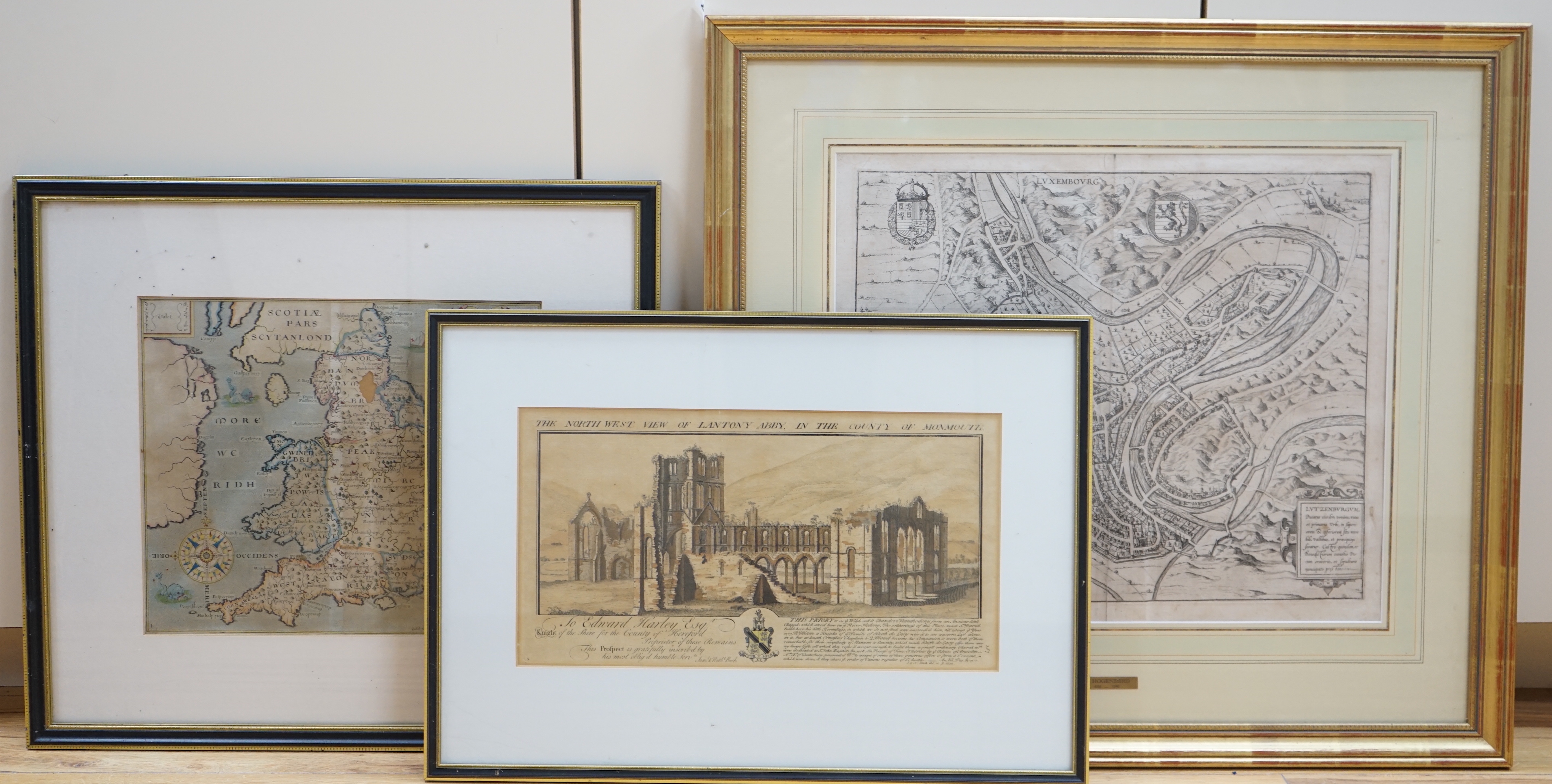 Two antique maps comprising Luxembourg by Georg Braun & Frans Hogenberg and Englalond Anglia Anglosaxonum Heptarchia by William Hole, together with an engraving of Lantony Abbey, Monmouth, Samuel & Nathaniel Buck, larges